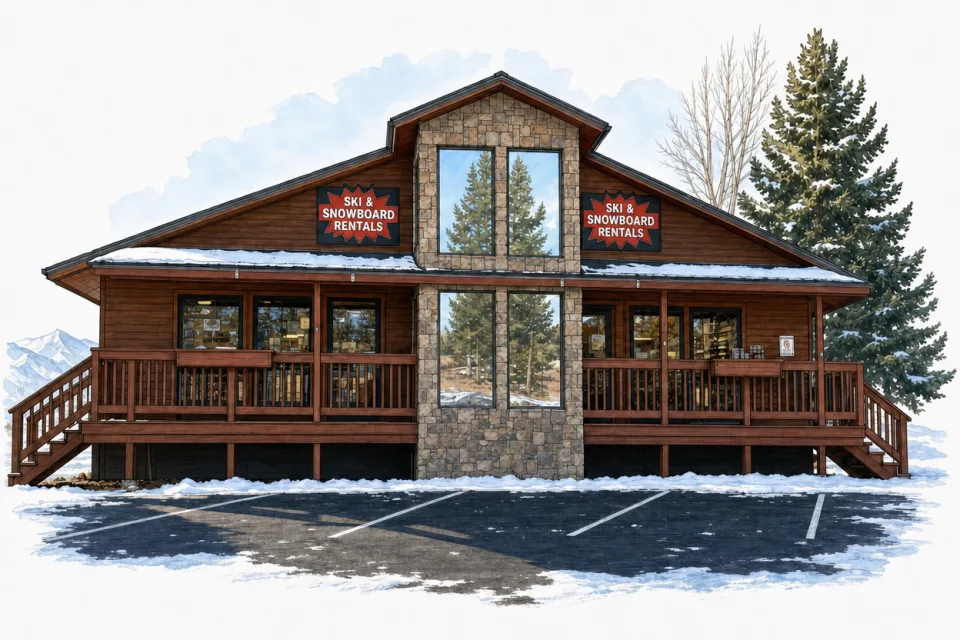 Cottam's Ski Shops at Angel Fire with the mountain in the background