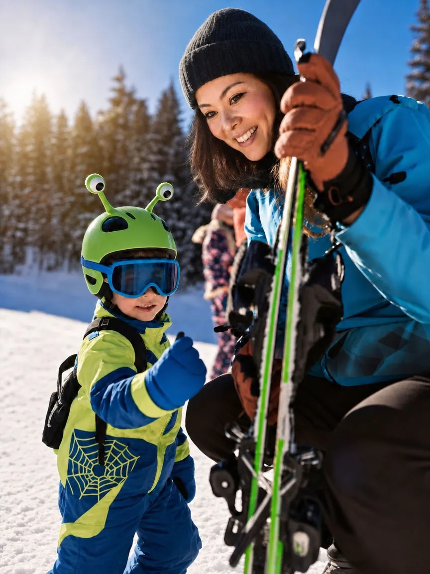 A parent and child on the slope with ski gear and a decorated helmet