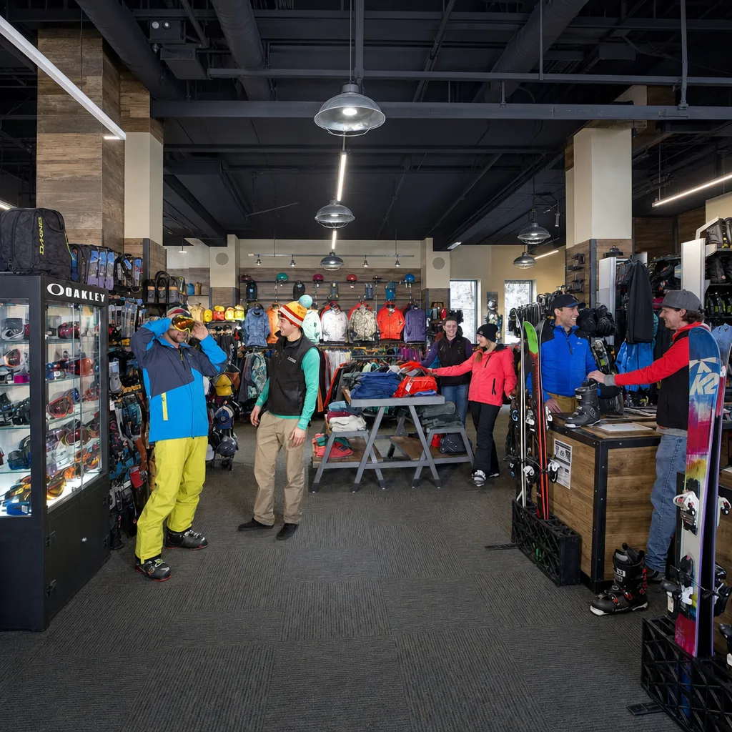 Staff and customers among goggles, outerwear, and skis on the Cottam's Ski Shops retail floor