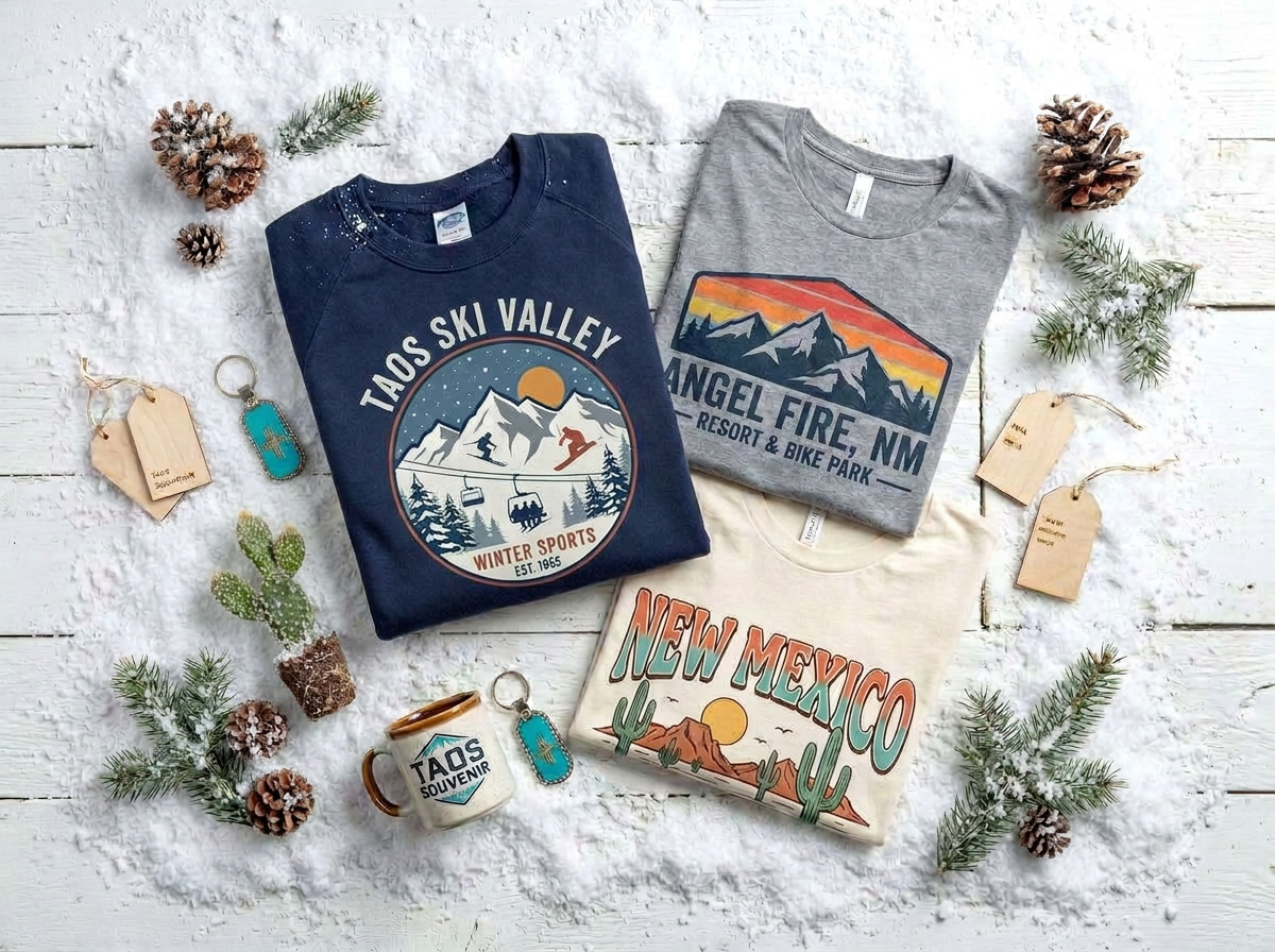 Taos Ski Valley, Angel Fire, and New Mexico t-shirts with a Taos souvenir mug and keychains