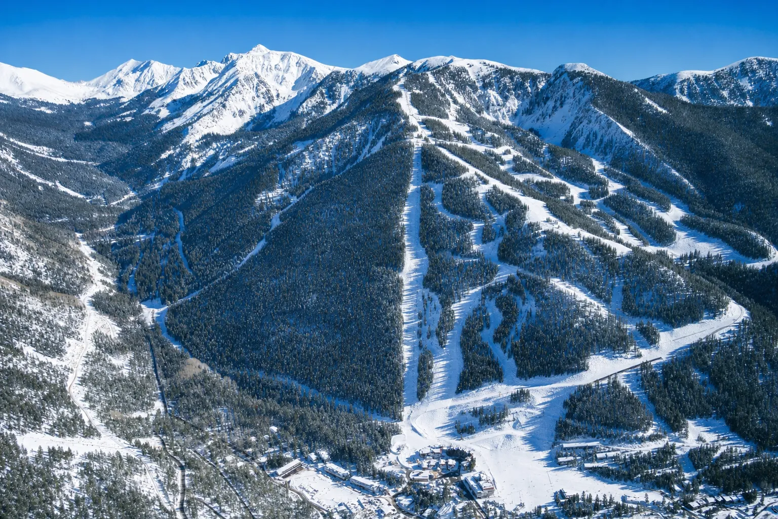 Taos Ski Valley trails and base village below Kachina Peak