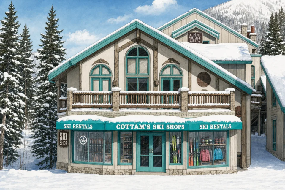 Cottam's Ski Shops at Taos Ski Valley with the mountain in the background